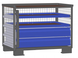 Dunkelgraue Gitterbox LCB 111133C mit 2 kleinen blauen Schubladen und 2 flachen blauen Auszugsrahmen geschlossen, für Eurobehälter, Kartonagen.