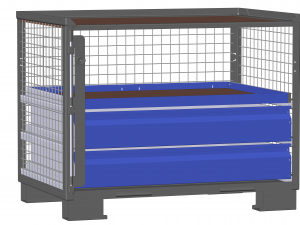 Dunkelgraue Gitterbox LCB 111130C mit 2 blauen Schubladen und einem flachen blauen Auszugsrahmen für Eurobehälter, Kartonagen.