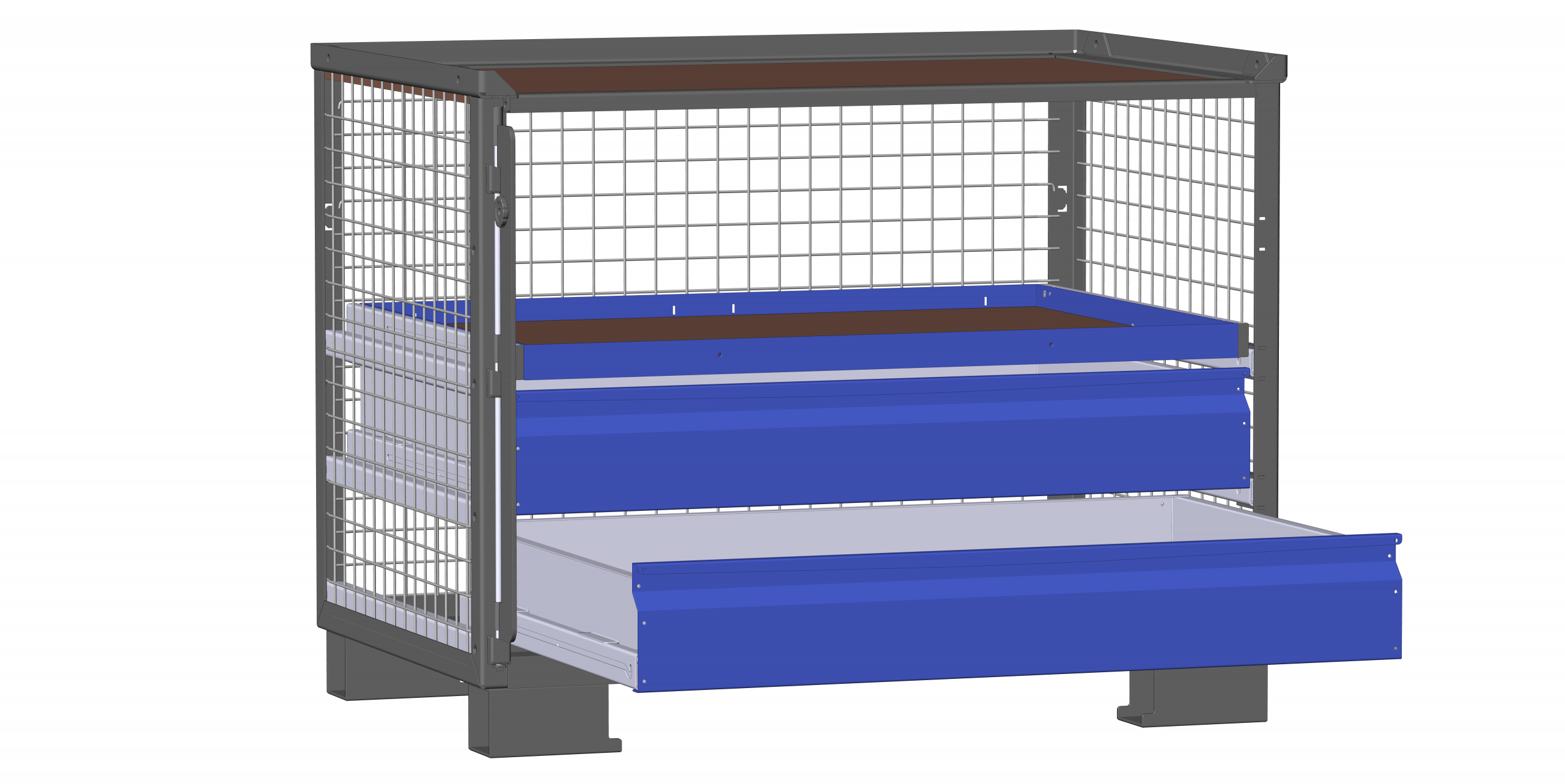 Dunkelgraue Gitterbox LCB 111130C mit 2 blauen Schubladen und einem flachen blauen Auszugsrahmen für Eurobehälter, Kartonagen.