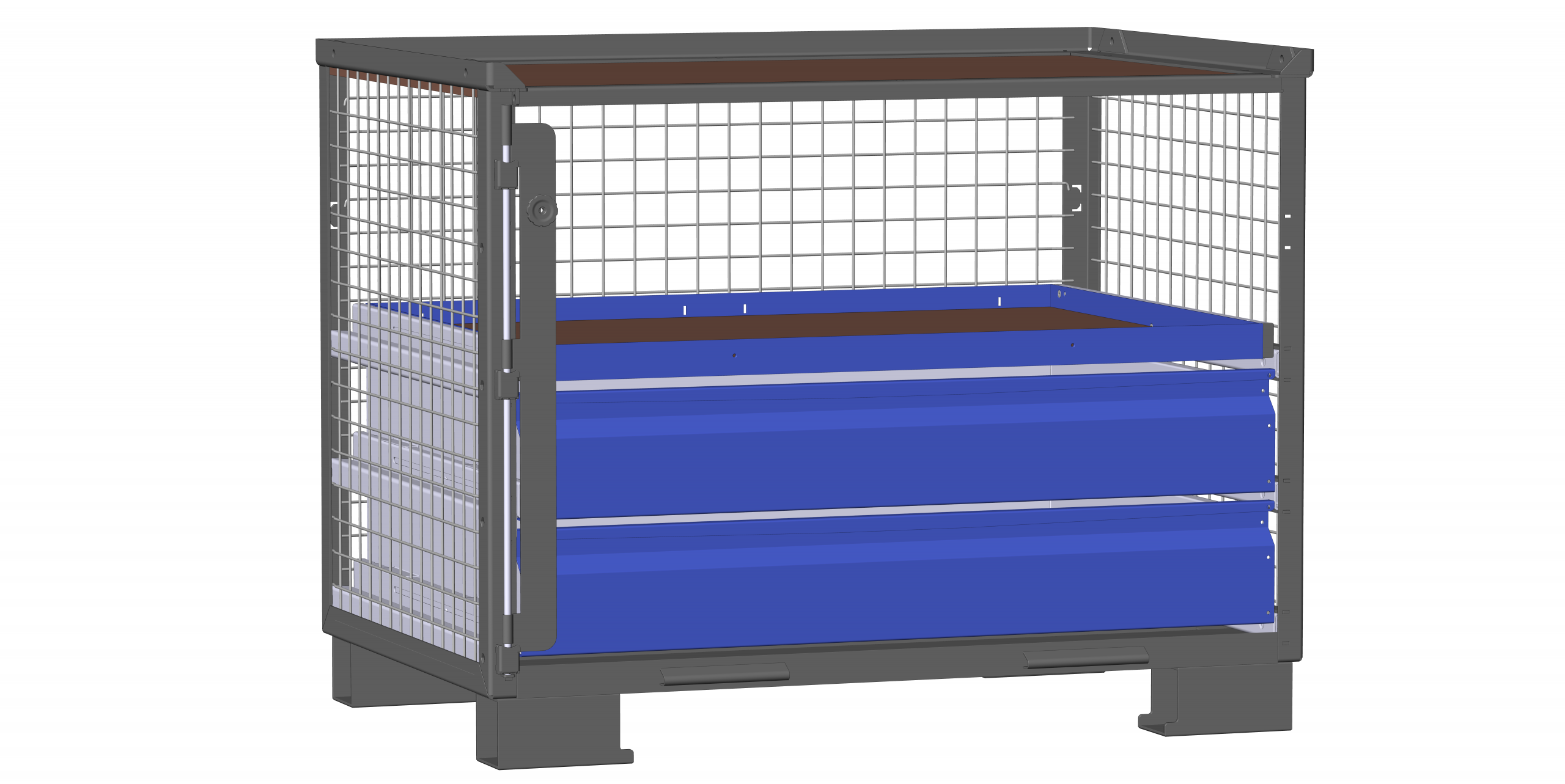 Dunkelgraue Gitterbox LCB 111130C mit 2 blauen Schubladen und einem flachen blauen Auszugsrahmen für Eurobehälter, Kartonagen.