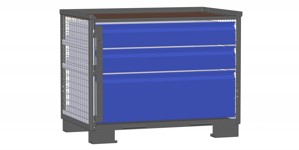 LCB I Artikel 112011C Dunkelgrauer Behälter mit 3 Schubladen und Teilauszug. Vielseitig einsetzbar durch eine große und 2 kleine blaue Schubladen.