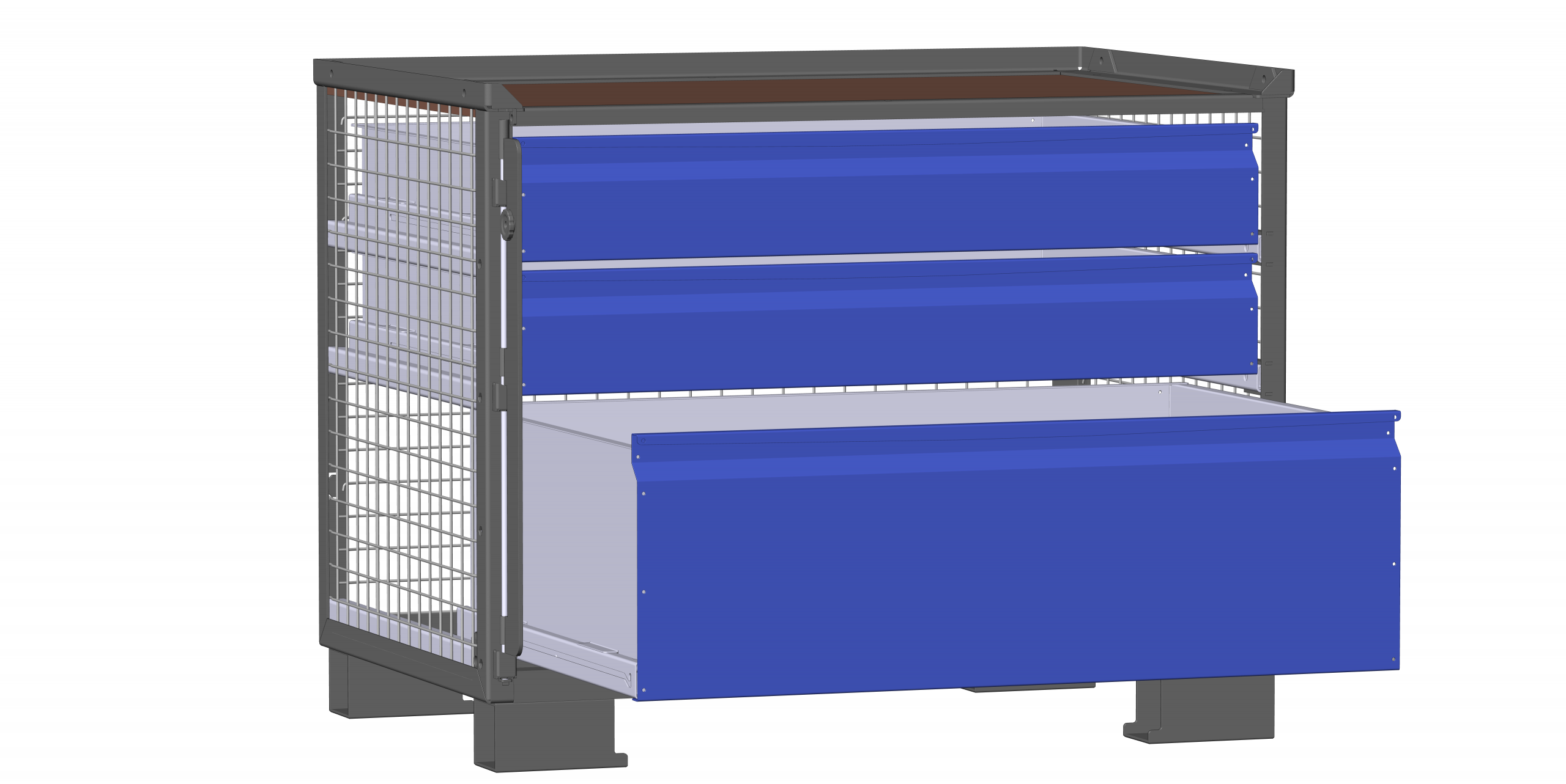 Dunkelgraue Gitterbox LCB112011C mit 3 blauen Schubladen