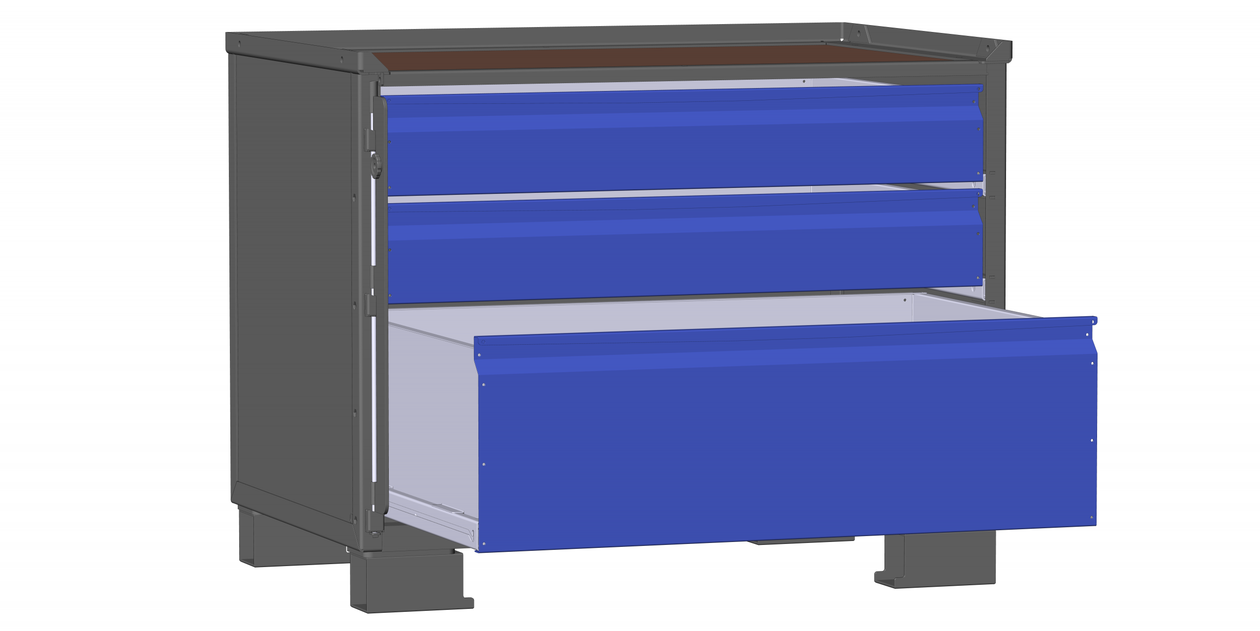 LCB I 122011C Schubladenbehälter mit Blechwänden, 3 blauen Schubladen und Rohrfüßen - geöffnet.