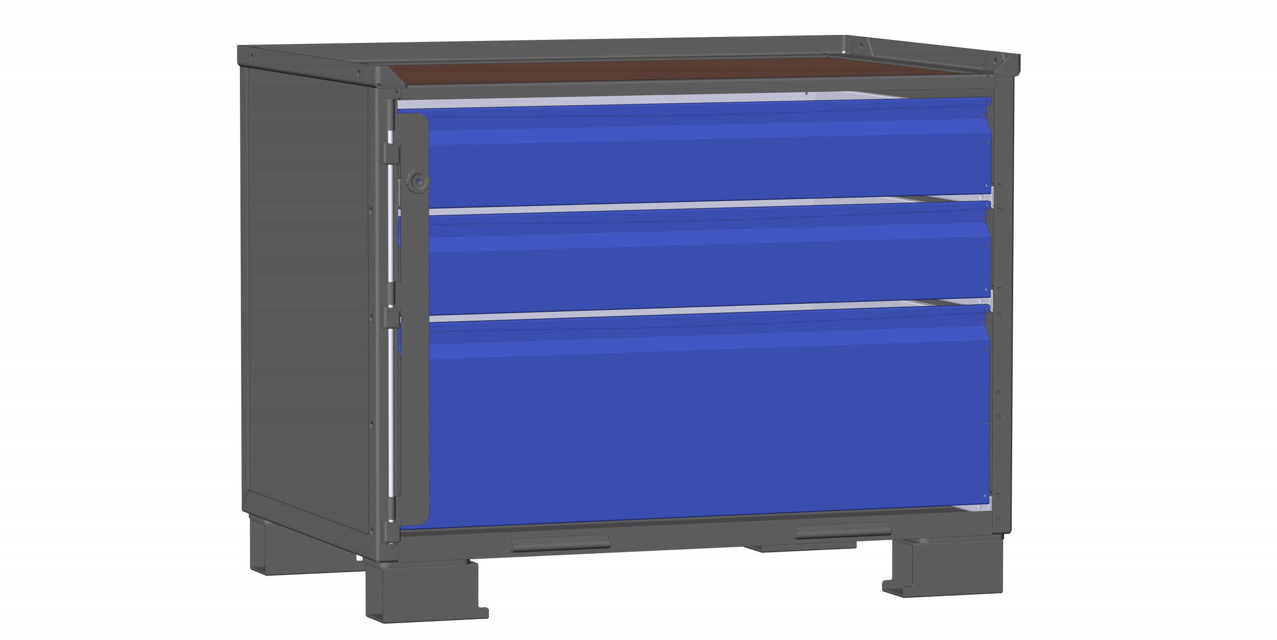LCB I 122011C Schubladenbehälter mit Blechwänden, 3 blauen, geschlossenen Schubladen und Rohrfüßen.