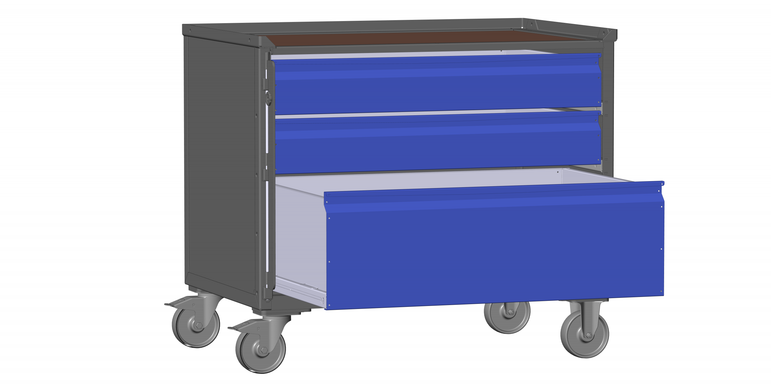 LCB I 142011C Schubladenbehälter mit Blechwänden, 3 blauen Schubladen und Rollen/Füßen mit Klicksystem - geöffnet.