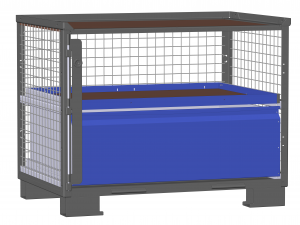 Dunkelgraue Gitterbox LCB 112030C mit großer blauer Schublade und einem flachem blauen Auszugsrahmen für Eurobehälter, Kartonagen.