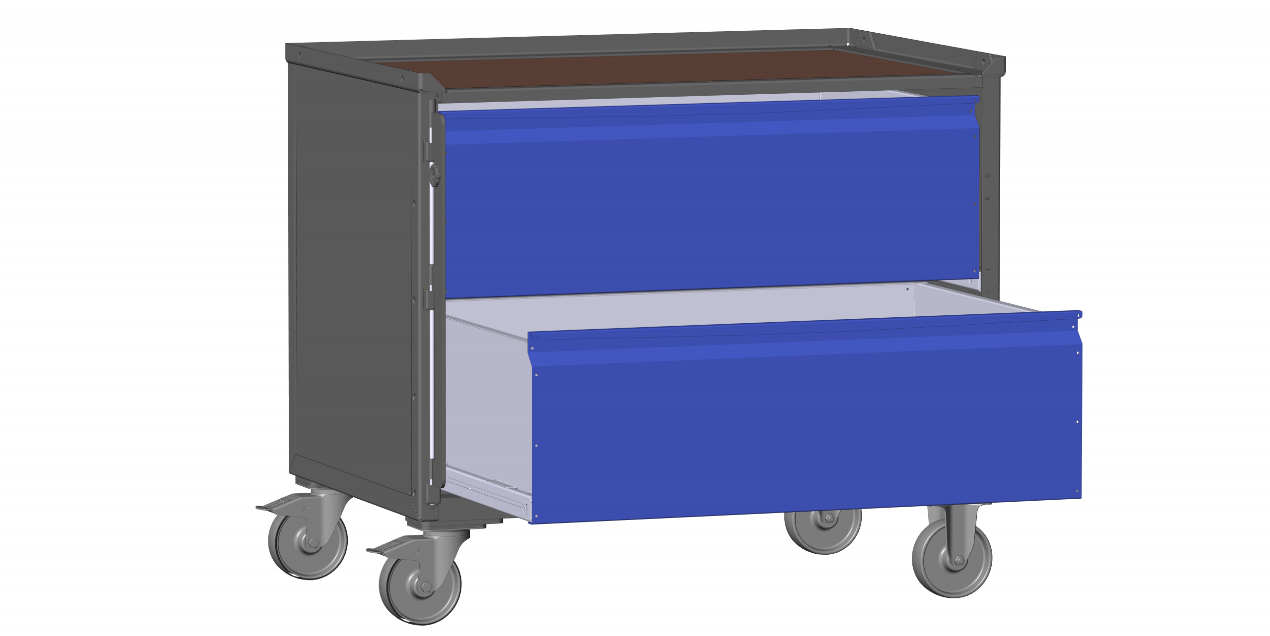 Dunkelgraue LCB I - 142020C Blechwand + Klicksystem mit 2 großen Schubladen, Rohrfüßen oder Rollen, Schublade geöffnet.