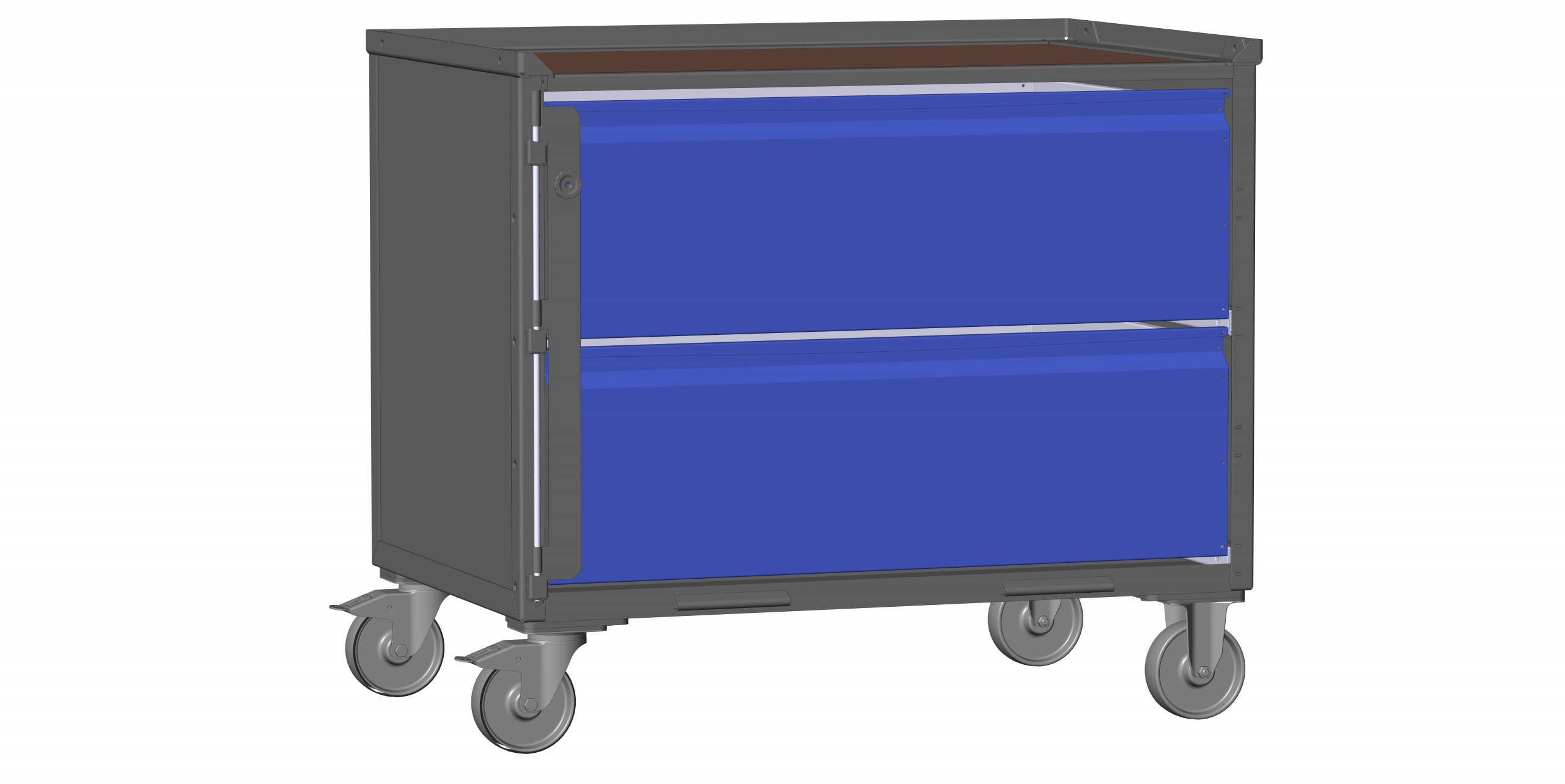 Dunkelgraue LCB I - 142020C Blechwand + Klicksystem mit 2 großen Schubladen, Rohrfüßen oder Rollen, Schublade.