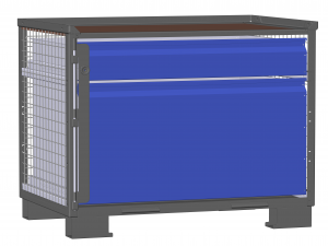 Dunkelgraue Gitterbox LCB 114001C mit dreiviertelhoher und kleiner blauer Schublade.