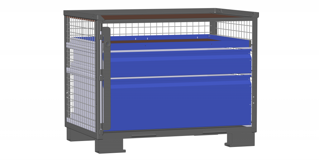 Dunkelgraue Gitterbox LCB 112013C mit großer und kleiner Schublade, blau und einem flachen blauen Auszugsrahmen für Eurobehälter, Kartonagen.