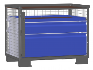 Dunkelgraue Gitterbox LCB 112013C mit großer und kleiner Schublade, blau und einem flachen blauen Auszugsrahmen für Eurobehälter, Kartonagen.