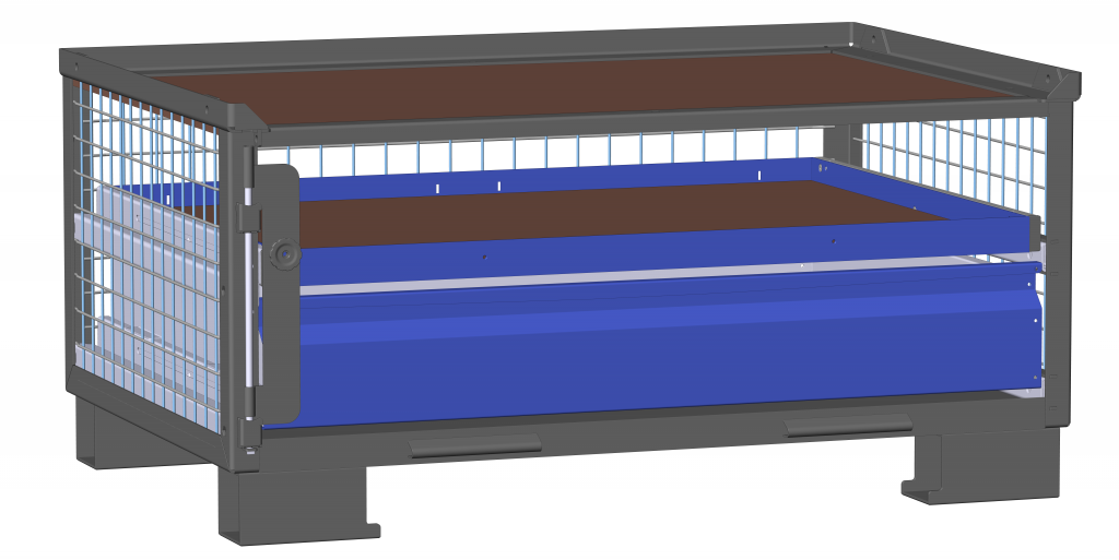 Dunkelgraue LCB I halbhoch mit Gitterwand 161300C und 1 kleinen blauen Schublade und einem blauen Auszugsrahmen.