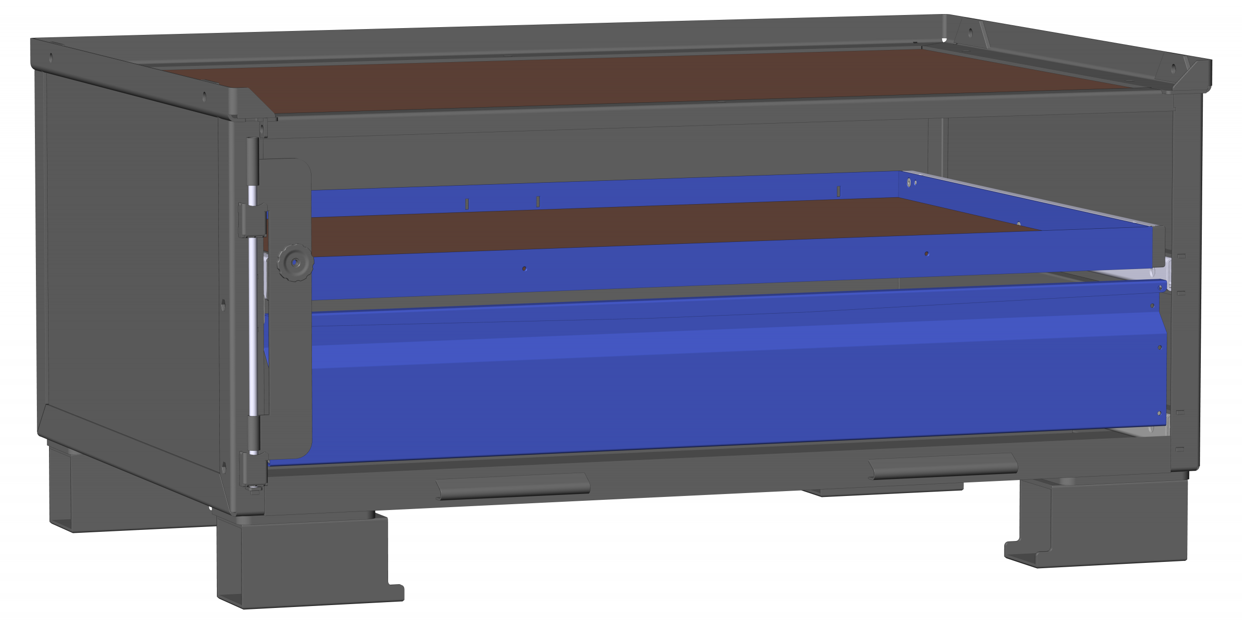 Dunkelgraue LCB I halbhoch mit Blechwänden 171300C und 1 kleinen blauen Schublade und einem blauen Auszugsrahmen.