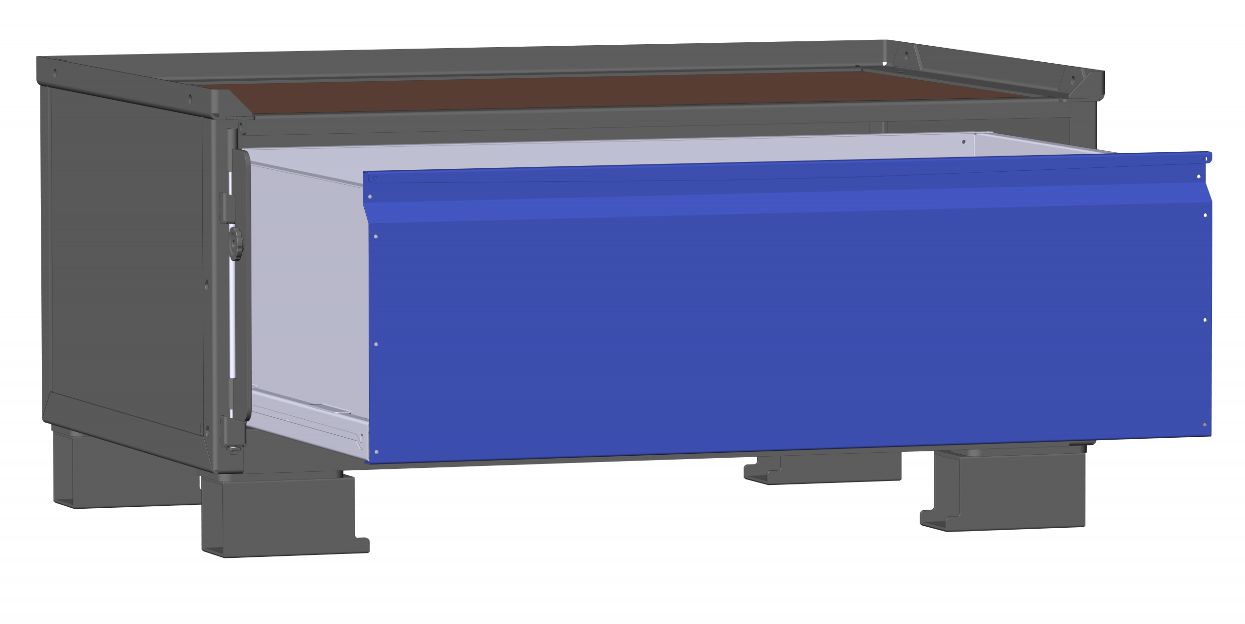 Geöffnete dunkelgraue LCB I halbhoch mit Blechwänden 172000C und 1 großen blauen Schublade.