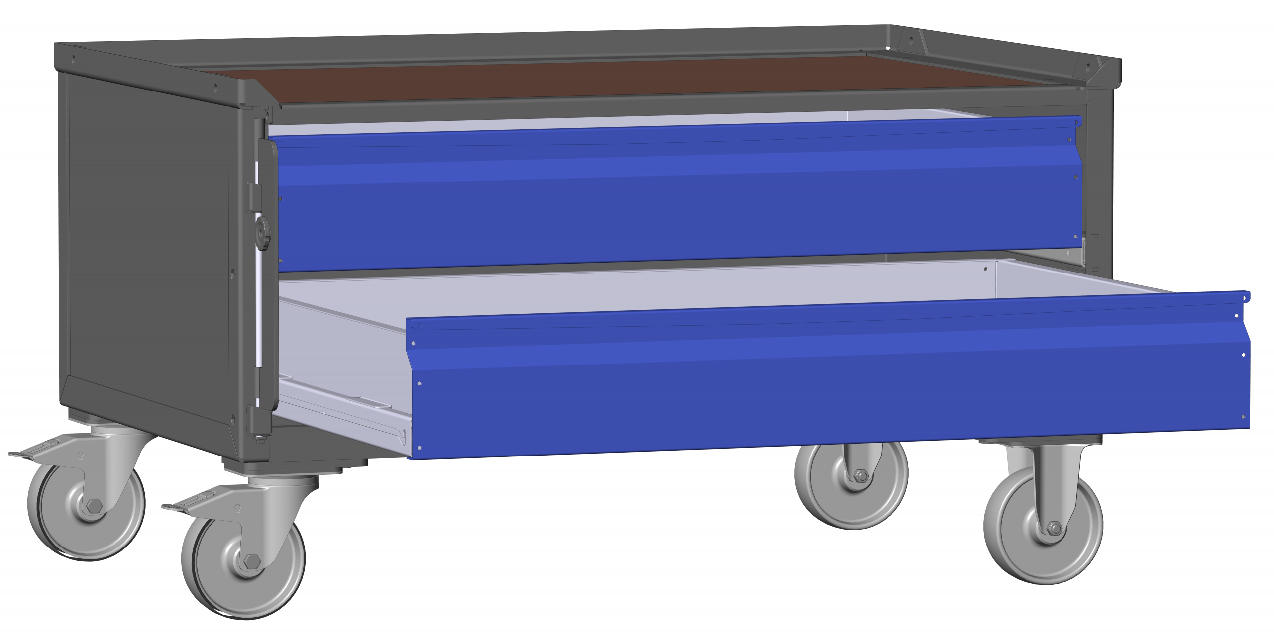 Dunkelgraue, offene halbhohe LCB I Blechwand + Klicksystem 181100C mit 2 kleinen blauen Schubladen und Rollen.
