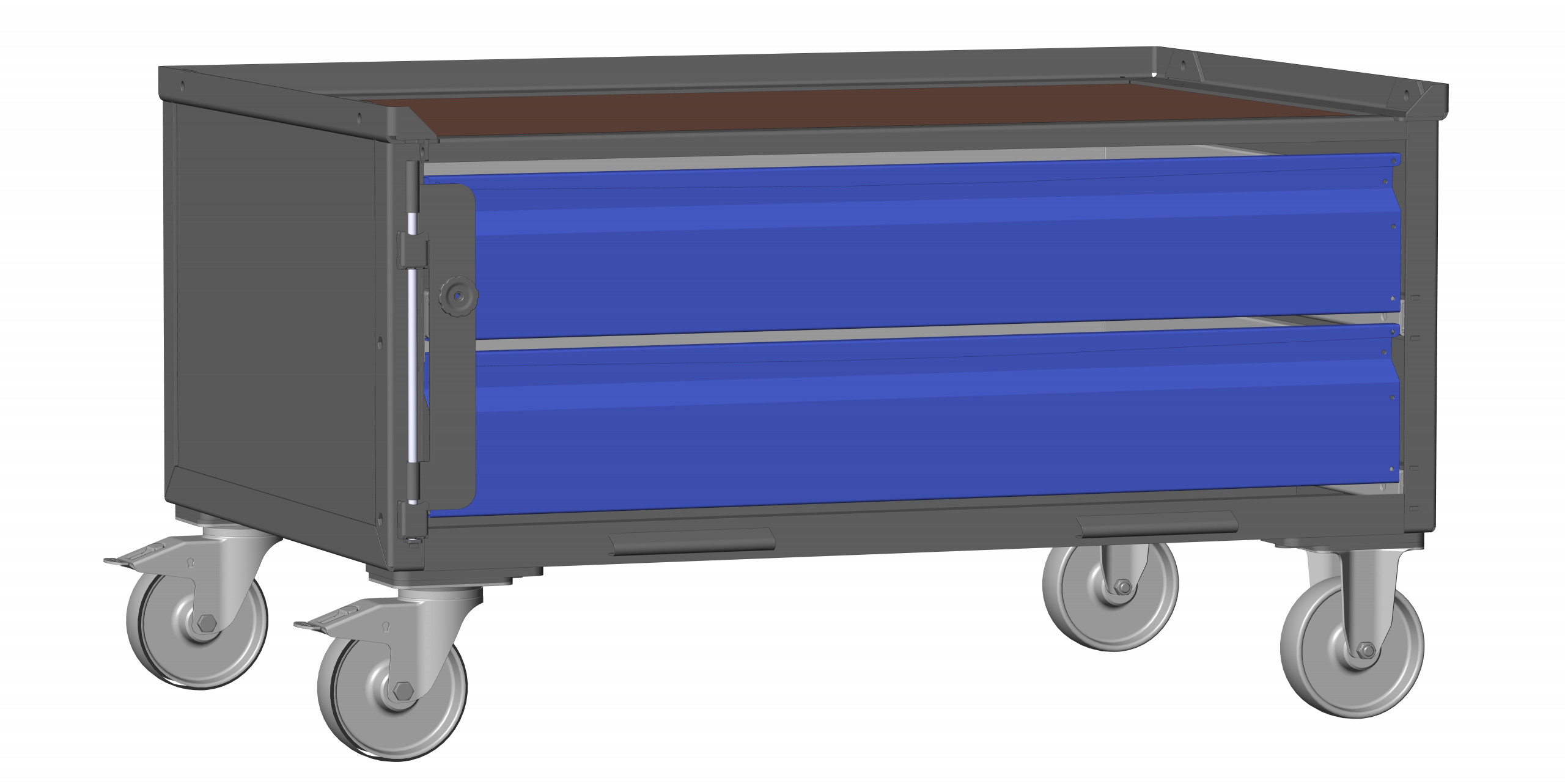 Dunkelgraue halbhohe LCB I Blechwand + Klicksystem 181100C mit 2 kleinen blauen Schubladen und Rollen.