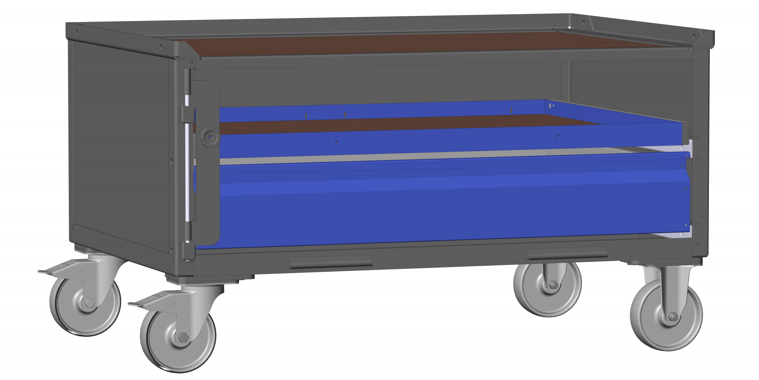 Dunkelgraue halbhohe LCB I Blechwand + Klicksystem 181300C mit 1 kleinen, blauen Schublade, einem flachen, blauen Auszugsrahmen und Rollen.