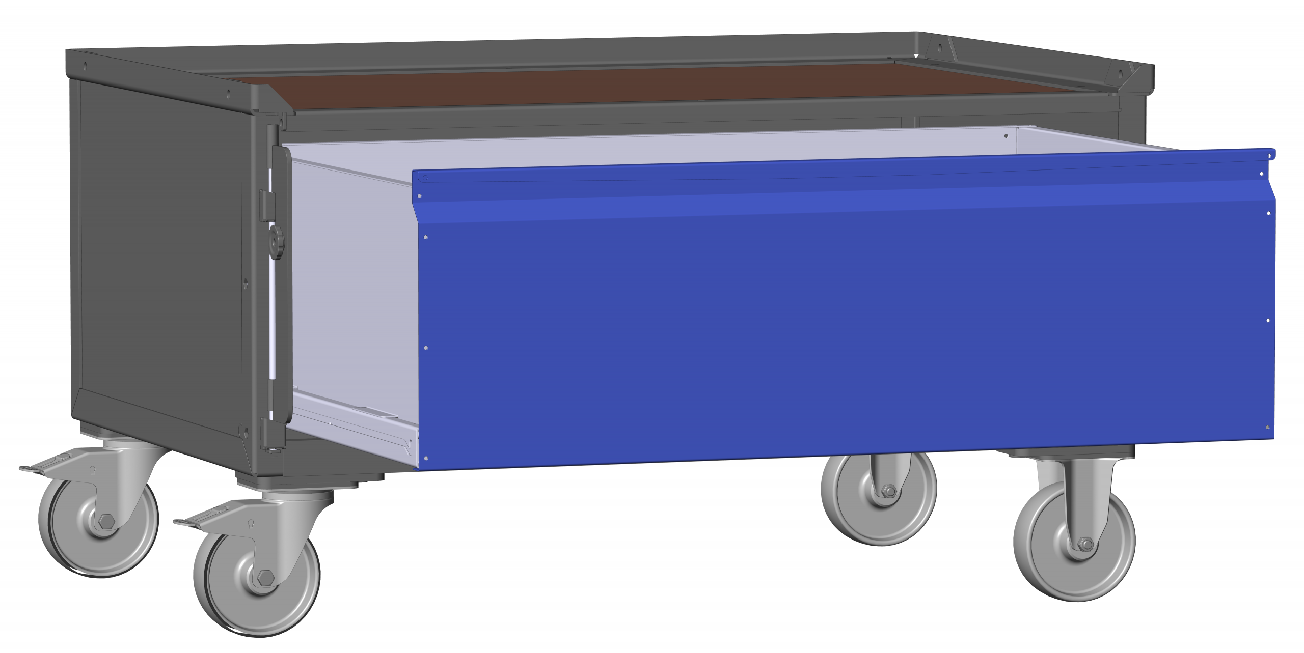 Geöffnete dunkelgraue, halbhohe LCB I Blechwand + Klicksystem 182000C mit 1 großen blauen Schublade und Rollen.