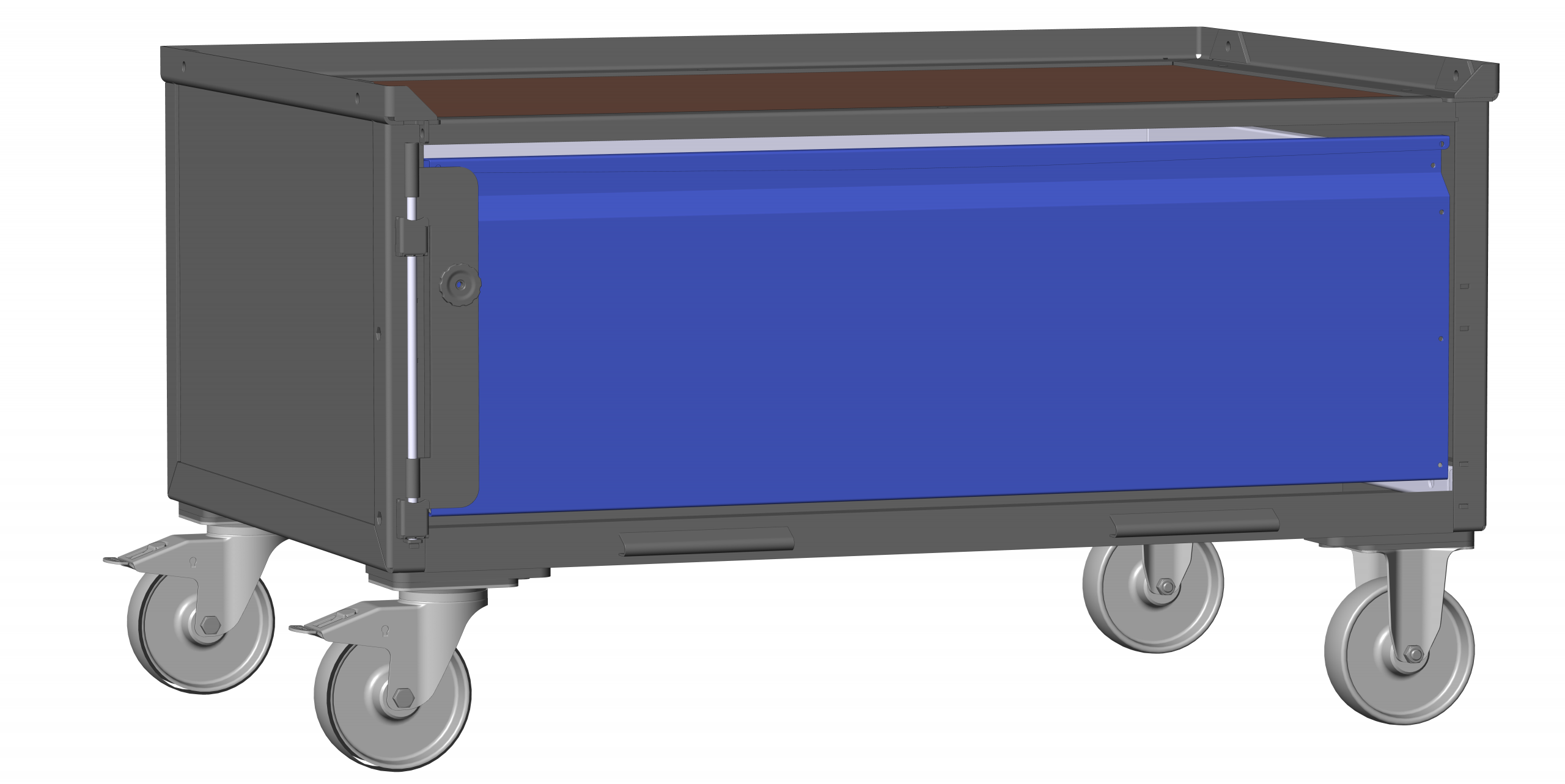 Dunkelgraue, halbhohe LCB I Blechwand + Klicksystem 182000C mit 1 großen blauen Schublade und Rollen.